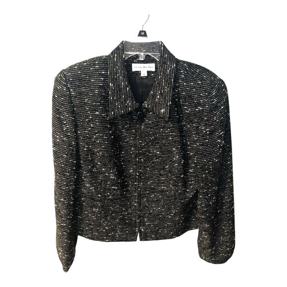 Florine Wachter Blazer Womens Sz 14 USA Black Cropped Zip Up Wool Tweed Career - Picture 1 of 7